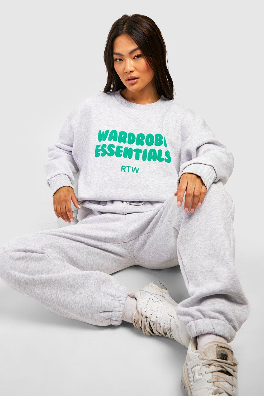 Womens Wardrobe Essentials Slogan Jumper Tracksuit - Grey - S, Grey